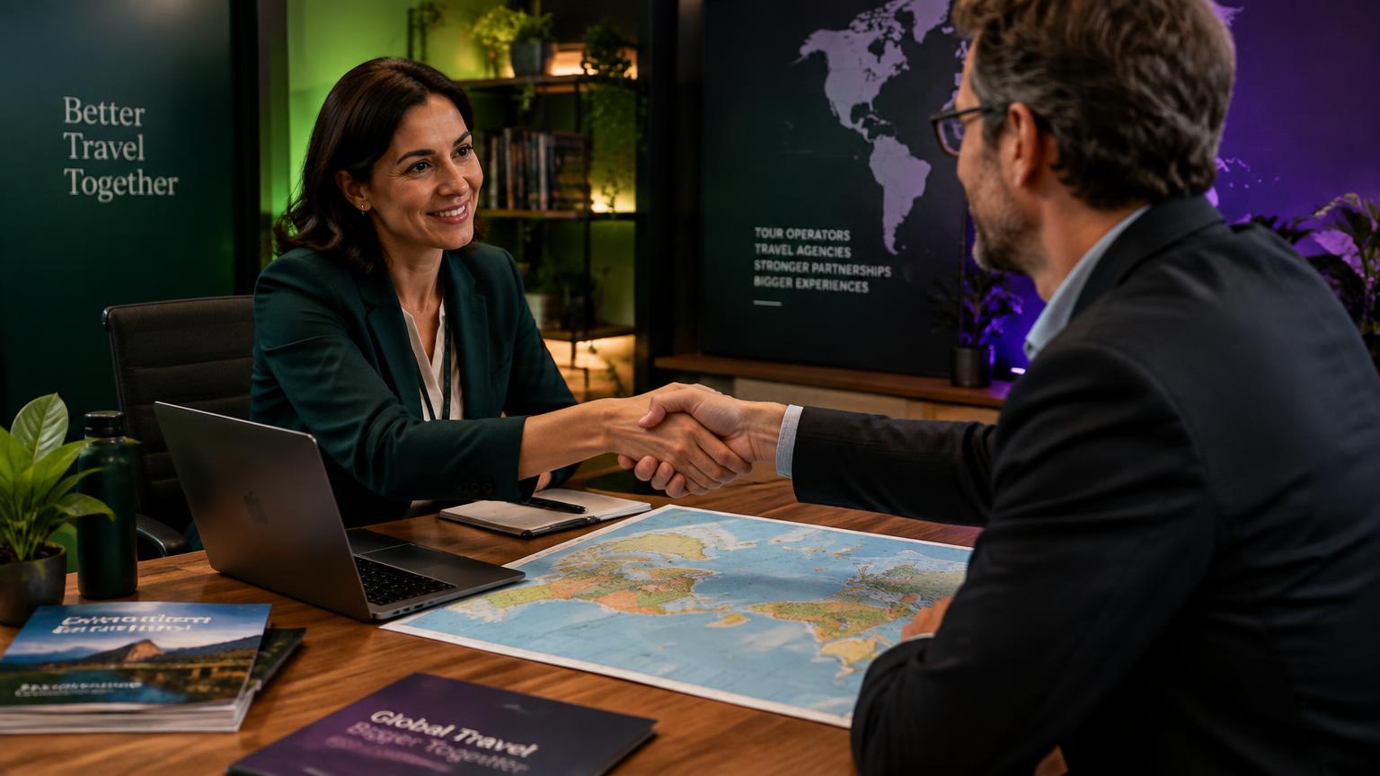 Ejecutiva de ITServices.Travel cerrando un acuerdo con una agencia de viajes asociada